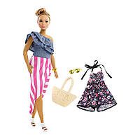 Розпродаж Barbie Fashionistas Bon Voyage Модниця з одягом Блондинка в спідниці в біло-рожеву смужку Mattel