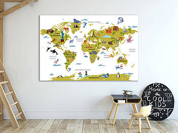Дитяча карта світу на полотні в дерев'яній рамці, готовий HD-друк