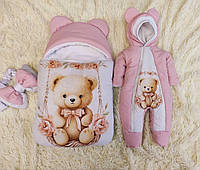 Детский демисезонный комплект спальник + комбинезон глиттер плащевка Мишка на качелях розовый