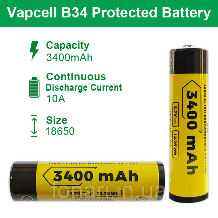 Аккумулятор Vapcell INR18650 B34 Li-Ion 3400 mAh защищенный - фото 1 - id-p446115018