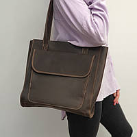 Модная женская сумка шоппер из натуральной кожи коричневая 33*35*12 cм