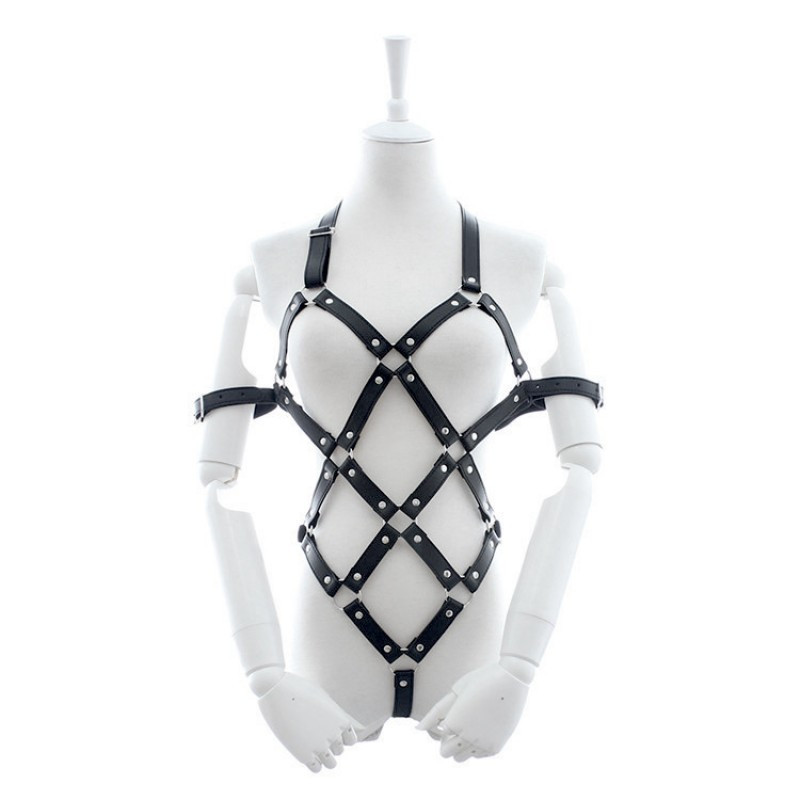 Чорна шкіряна жіноча білизна боді з ремінцями для бдсм-ігор