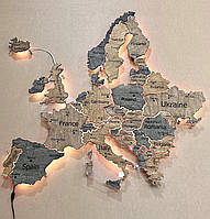 Деревянная карта Европы на акриле с подсветкой между странами цвета Dark Tree 100х97см