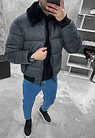 Мужская зимняя куртка замшевая с мехом серая короткая до -15*С Пуховик с меховым воротником L (B)