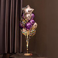 Набор 13 шаров со стойкой и гирляндой Роскошный фиолет Серебро и фиолетовый