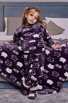 Дитяча піжама махрова тепла фіолетова принт кошеня Комплект Світшот та Штани домашній зимовий