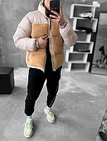 Мужская зимняя куртка бежевая плюшевая до -20*С Пуховик короткий без капюшона (B)
