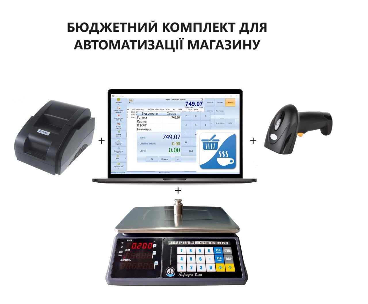 Касове обладнання для магазину – програма обліку + сканер + принтер + ваги, фото 1