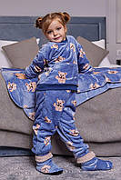 Детская пижама махровая теплая голубая принт мишка Комплект Кофта и Штаны домашний зимний
