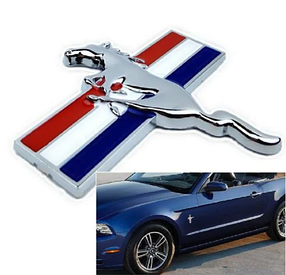 Комплект (2 шт) семетричних емблем (накліпка) MUSTANG FORD (Форд) - Хром + Триколор 78х75 мм