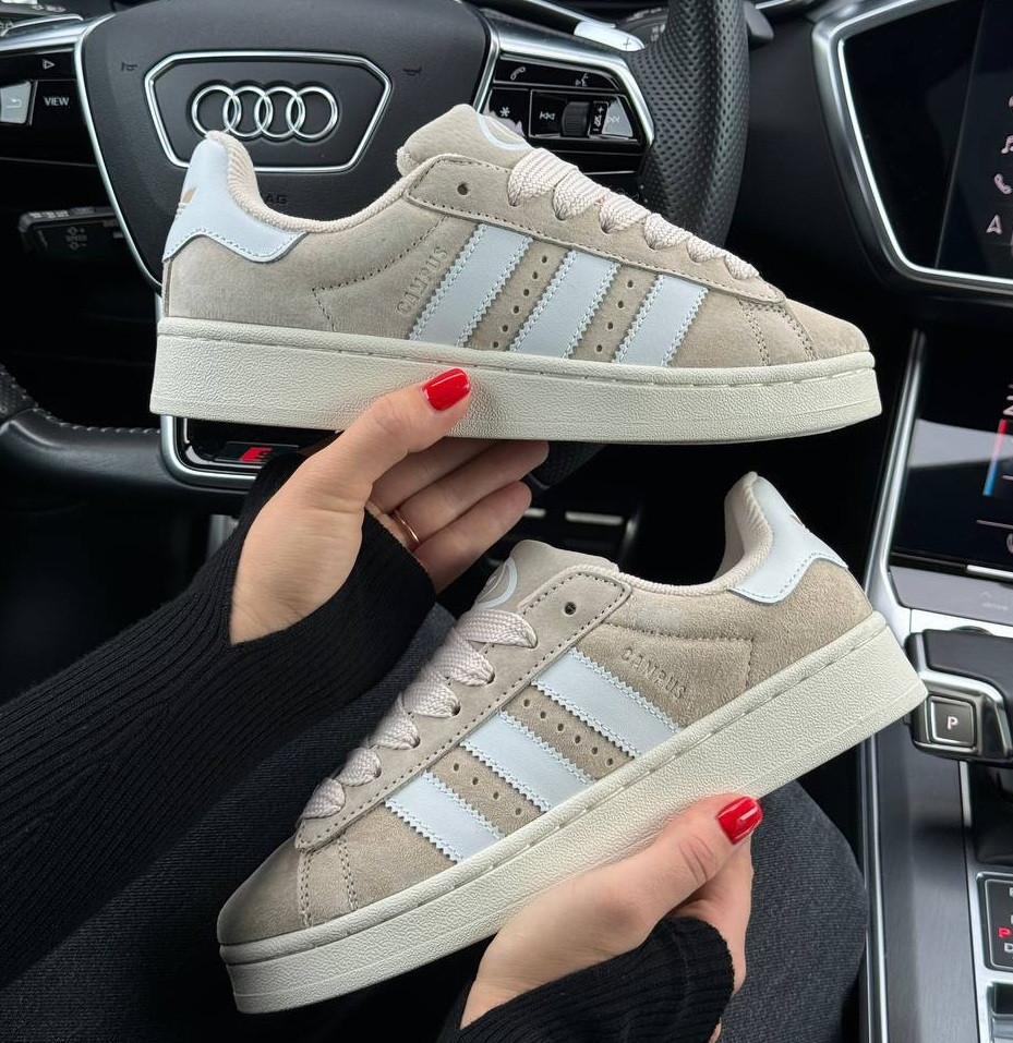 Жіночі кросівки Adidas Campus Beige весна-осінь замшеві повсякденні (бежеві). Живе фото. Адідас кампус