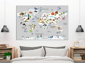 Картина на полотні "Дитяча карта світу з тваринами", репродукції картин на полотні