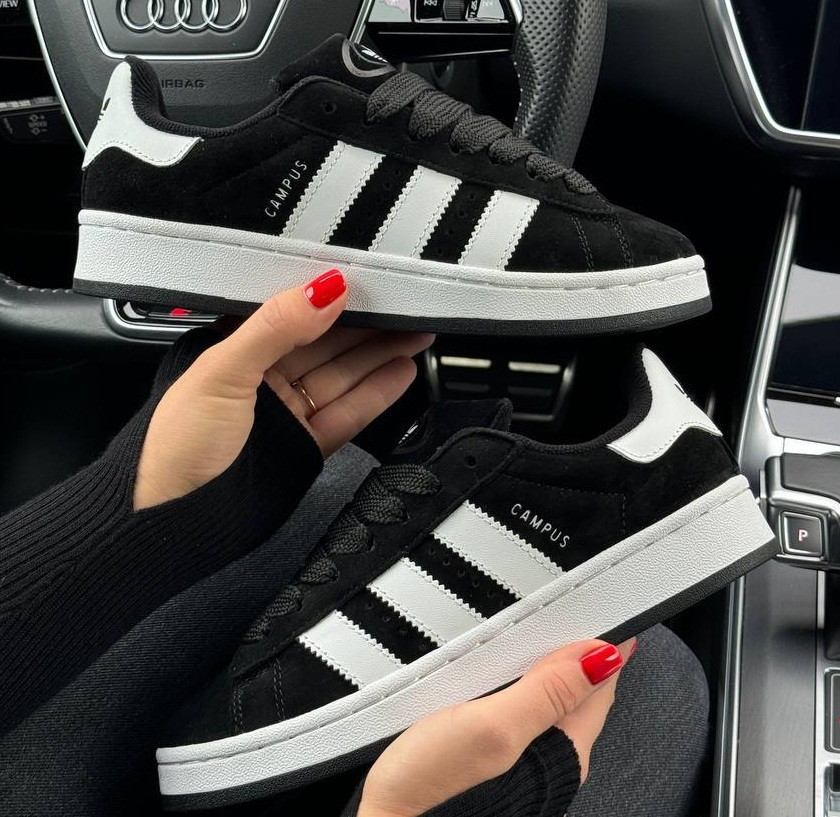 Жіночі кросівки Adidas Campus Black White весна-осінь замшеві повсякденні (бежеві). Живе фото. Адідас кампус, фото 1