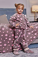 Детская пижама махровая теплая сиреневая принт лапка Комплект Кофта и Штаны домашний зимний