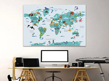 Картина на полотні для дитячої кімнати, Карта світу дитяча, декор для стін