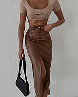 Женская юбка макси из эко-кожи, с завышенной талией, коричневая