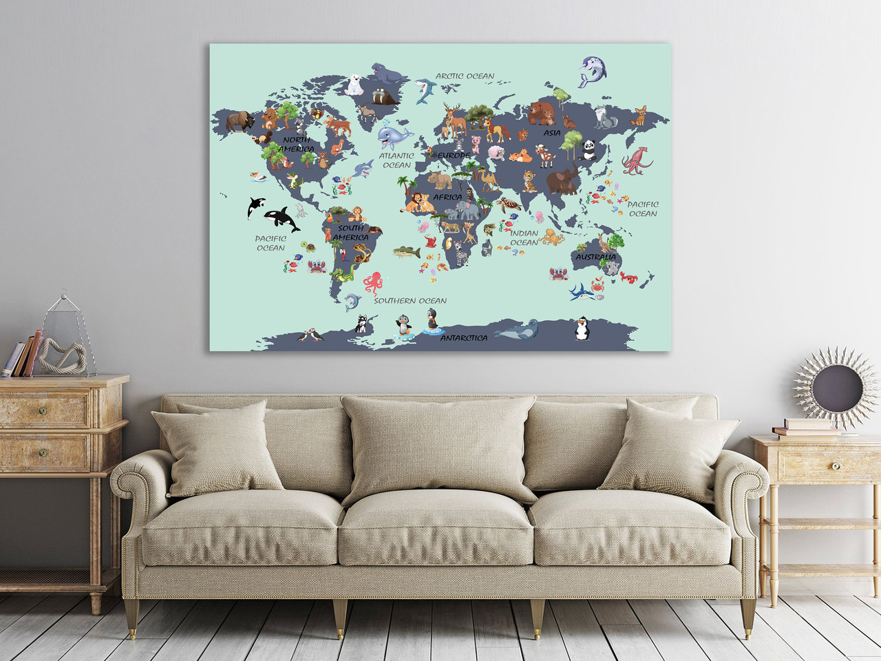Картина на полотні "Карта світу для дітей", декорування будинку
