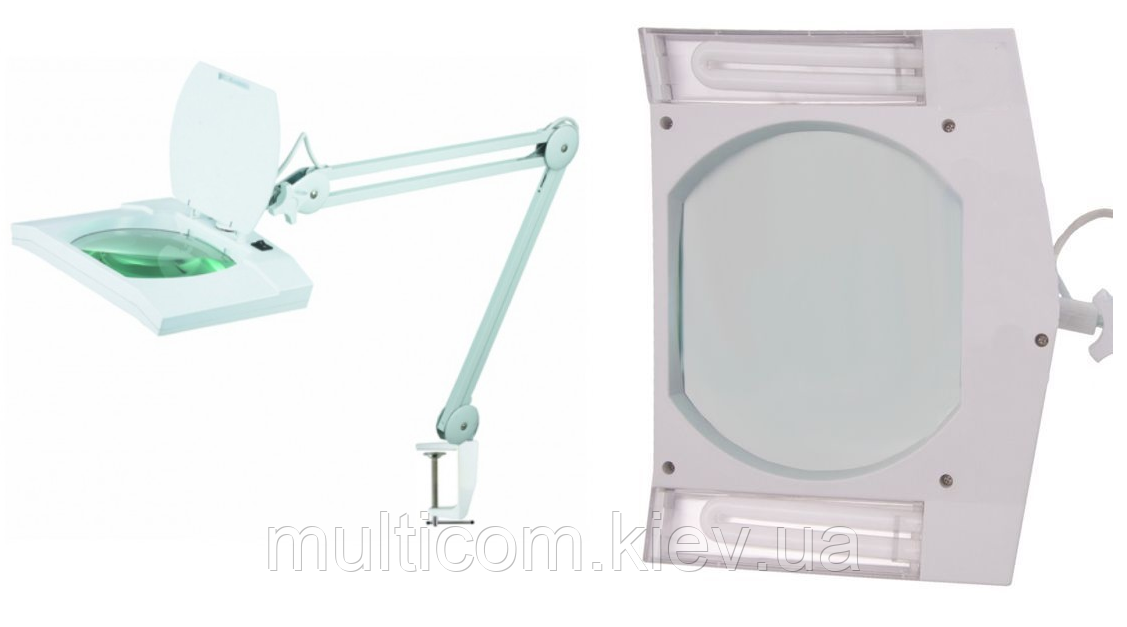 14-00-051. Лупа-лампа на струбцині, збільшення 3х, діам.-190мм, люмін. підсвічування 2xPL9W, прямокутна, 8069, фото 1
