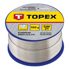 Припій олов'яний TOPEX, Sn60Pb40, флюс SW21, дріт 1.5 мм, 100 г (44E532)
