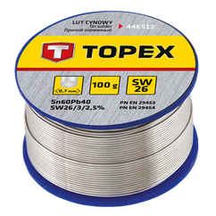 Припій олов'яний TOPEX, Sn60Pb40, флюс SW26, дріт 0.7 мм, 100 г (44E512)