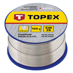 Припій олов'яний TOPEX, Sn60Pb40, флюс SW26, дріт 1 мм, 100 г (44E514)