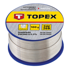 Припій олов'яний TOPEX, Sn60Pb40, флюс SW26B, дріт 1.5 мм, 100 г (44E524)