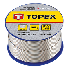Припій олов'яний TOPEX, Sn60Pb40, флюс SW26B, дріт 1 мм, 100 г (44E522)