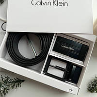 Подарочный мужской набор Calvin Klein Jeans брендовый кожаный ремень с двумя пряжками черный Кельвин Кляйн