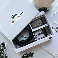 Подарочный мужской набор Lacoste брендовый кожаный ремень с двумя пряжками черный универсальный Лакоста