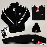 Комплект спортивный Adidas мужской зимний на флисе кофта штаны футболка шапка Адидас черный