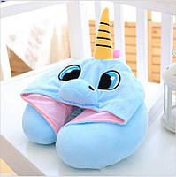 Голубая дорожная подушка на шею с капюшоном Единорог . Подушка Единорог 30x23 см