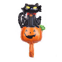 Шар фольгированный мини фигура на Хэллоуин 43х23 см Тыква и черный кот Оранжевый