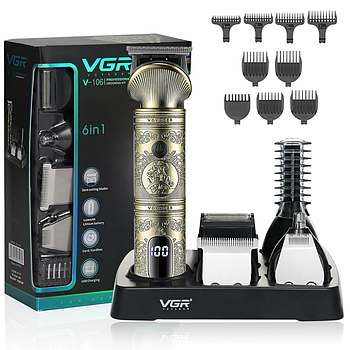 Професійна машинка для стрижки 6в1 + 9 насадок, USB, VGR V-106 / Акумуляторний триммер для чоловіків
