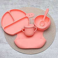 Комплект силіконового посуду для дітей з 5 предметів, перший посуд для прикорму Персиковий