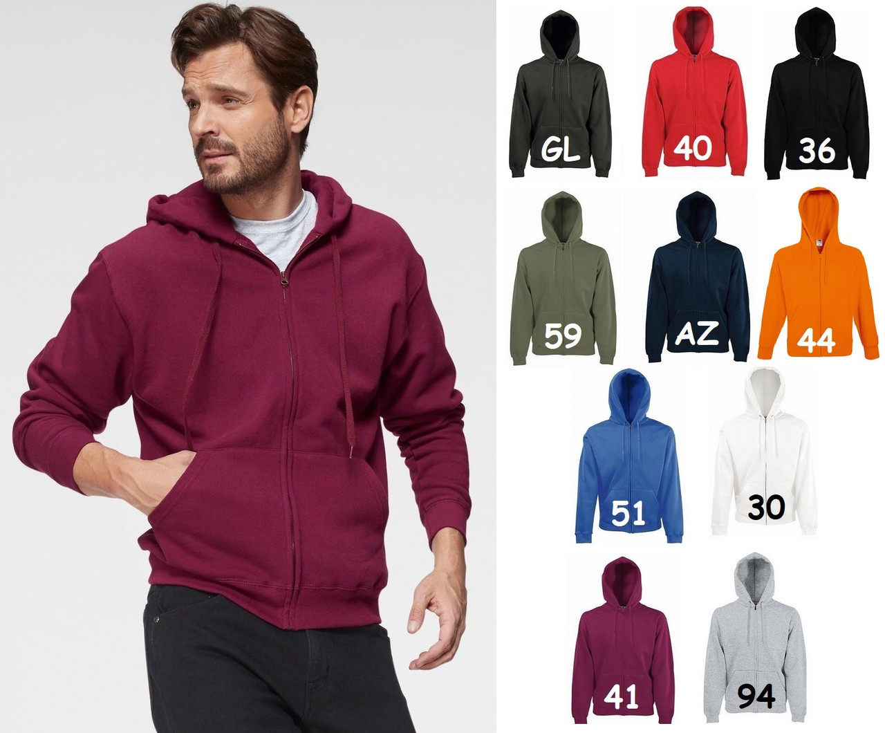 Чоловіча худі на замку Fruit of the loom з начосом з капюшоном на блискавці ZIP HOODIE на тонкому флісі