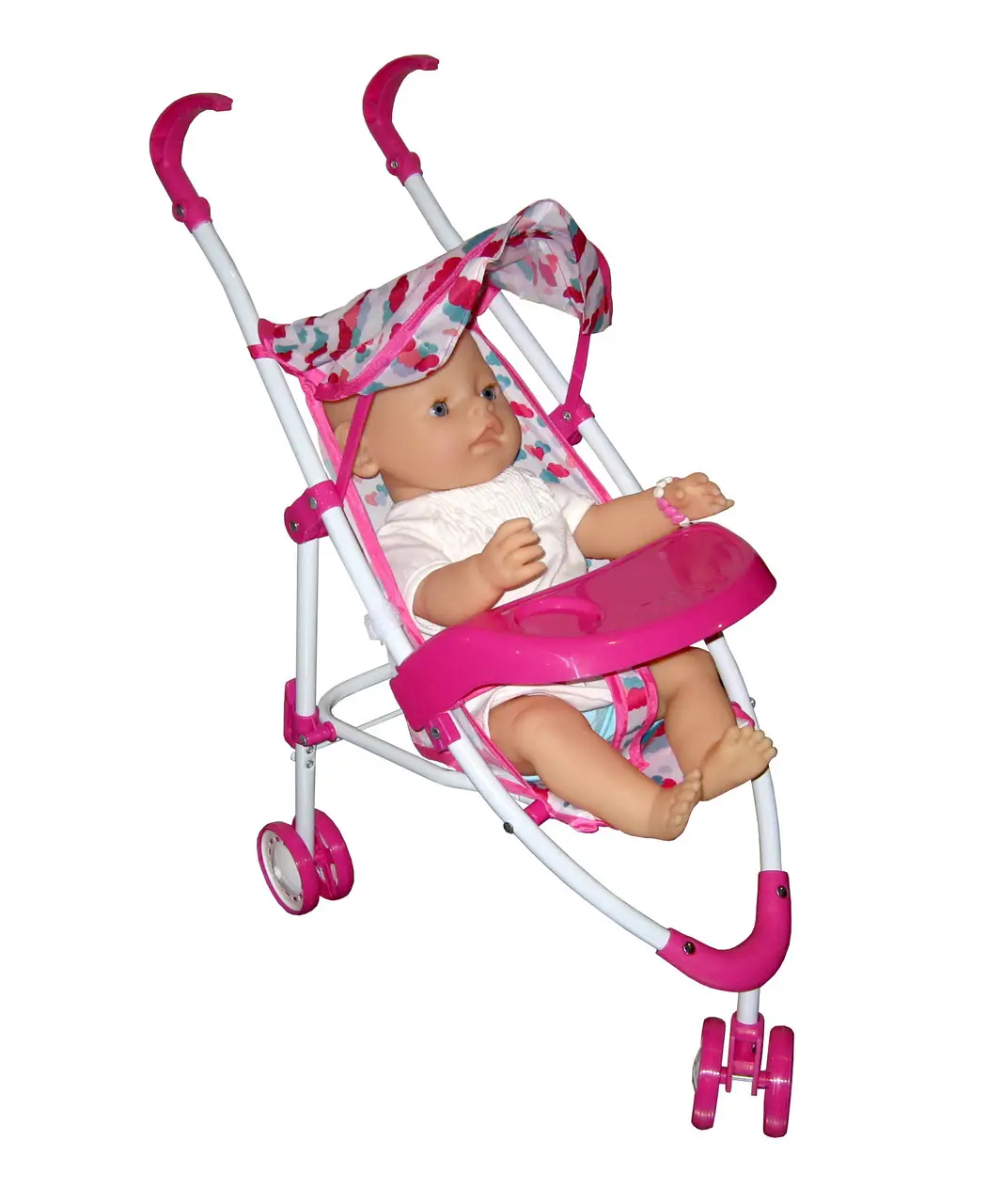 Елегантна трьохколісна іграшкова коляска для ляльок із поворотним переднім колесом з поличкою для годування та ігор складана, фото 1