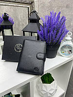 Чоловічий шкіряний гаманець портмоне з відділом для паспорту чорний натуральна шкіра