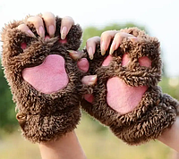 Перчатки без пальцев лапы кошки, митенки кошачьи лапки, перчатки лапы коричневые