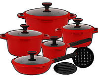 Набор красной кухонной посуды с антипригарным покрытием 12 предметов(каструли,сковорода,ковш) Еденберг EB-5647