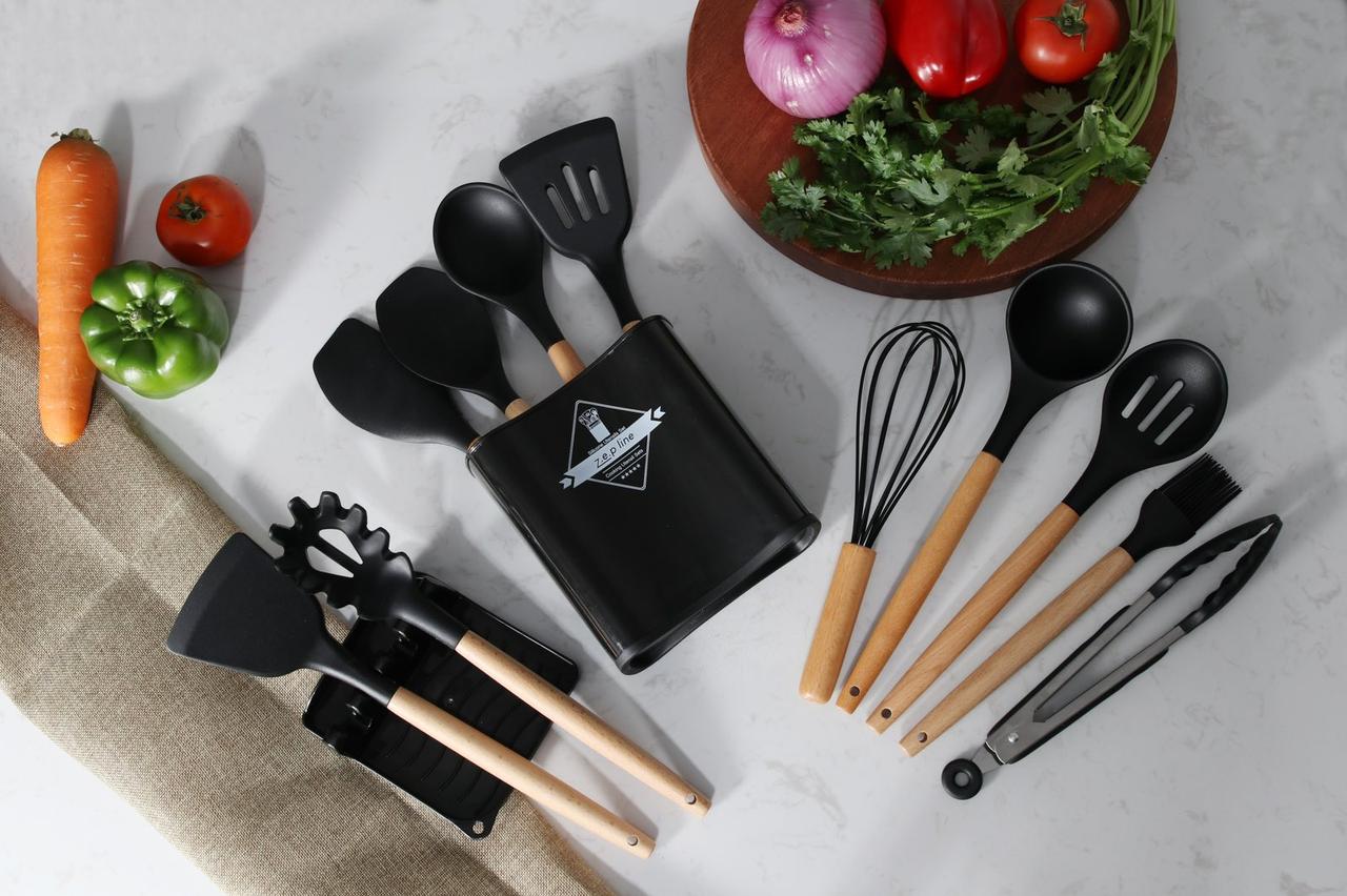 Кухонний набір ZP, кухонне начиння, 13 предметів, Силіконовий, Чорний LS-ZP053, фото 1