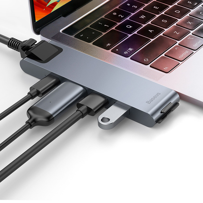USB Hub Baseus Thunderbolt C Pro Dual Type-C to USB3.0*2+HDMI+RJ45+Type-C PD+ microSD+ SD(CAHUB-L0G) USB Hub - фото 2 - id-p2057298284