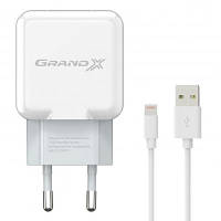 Зарядное устройство Grand-X USB 5V 2,1A White + cable USB -> Lightning, Cu (CH03LTW) c