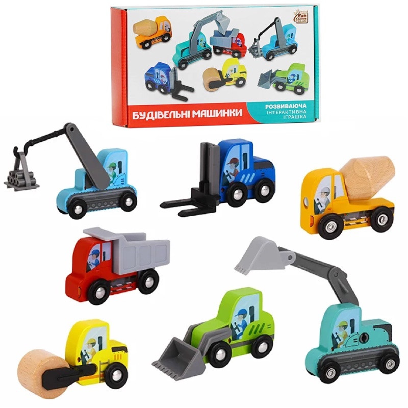 Набір дерев'яних машинок "будівельна техніка" (в наборі 7 шт) арт. 76523, фото 1