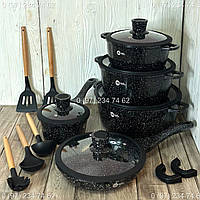 Набор кастрюль Higher Kitchen HK-316 17 предметов, сковорода с гранитным антипригарным покрытием черный
