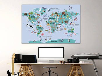 Картина на полотні для дитячої в дерев'яній рамці готова "Карта світу" з тваринами