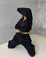 Женский очень теплый спортивный костюм из микрофлиса термо на укороченной молнии размеры 42-48 Черный, 42/44