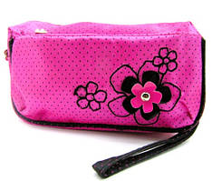 Косметичка об'ємна ,прямокутна з ручкою, декор квіти рожева