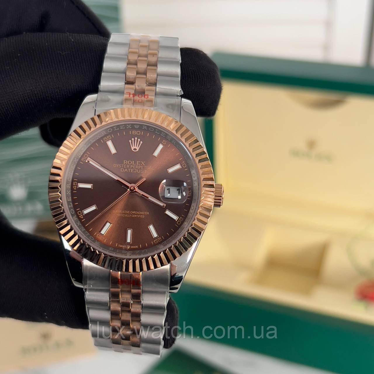 Елегантний наручний годинник Rolex DateJust 41 Silver-RoseGold/Brown