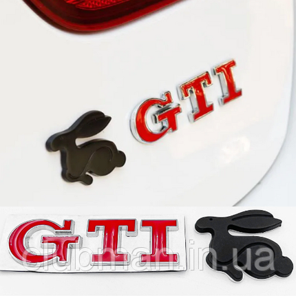 Емблема наліпка „Гуркітливий кролик" GTI VW (Фольцваген) - Чорний + Червоний 125x22 мм, фото 1