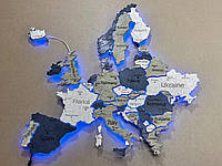 Скретч-карты Европы с дерева на акриле с подсветкой между странами цвет Deep 200*195 см, Английский